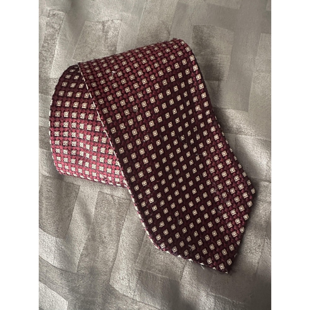 XMI For Nordstrom Tie Mens Burgundy Silk Geometric Square Pattern Handmade USA